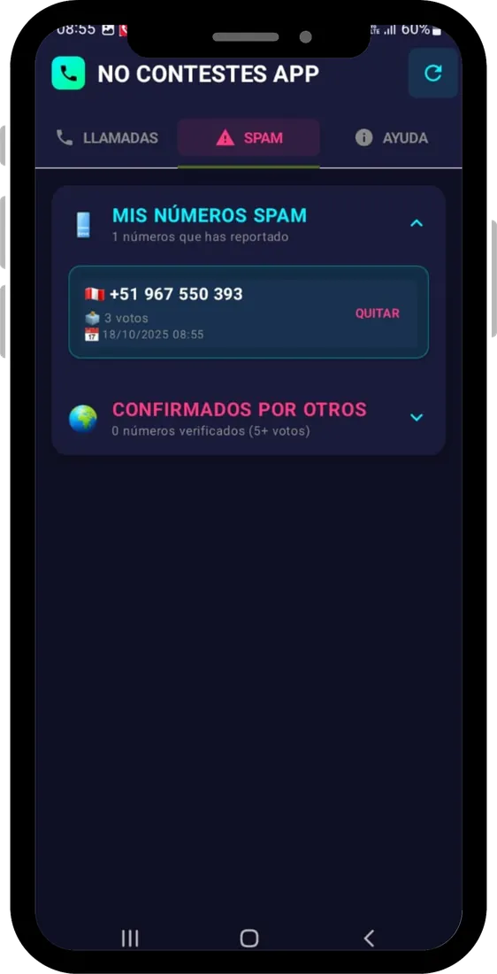 Pestaña Spam de No Contestes con números reportados por el usuario