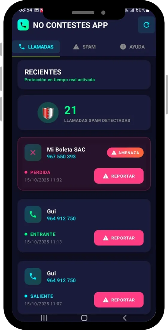 Historial de llamadas con números reportados por la comunidad